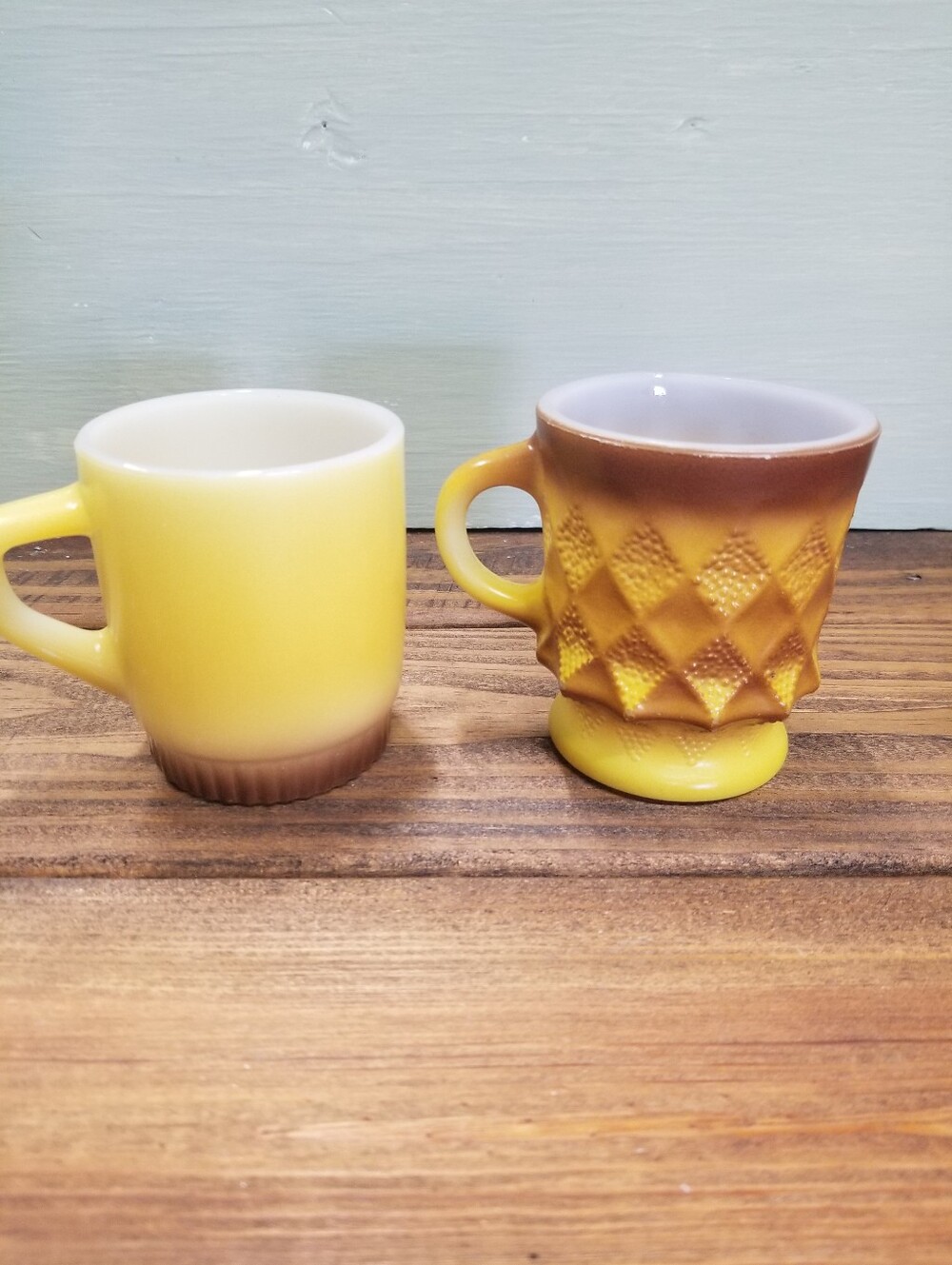 2 Vintage MCM Fire King Yellow Diamond Pattern Glass Coffee Mug